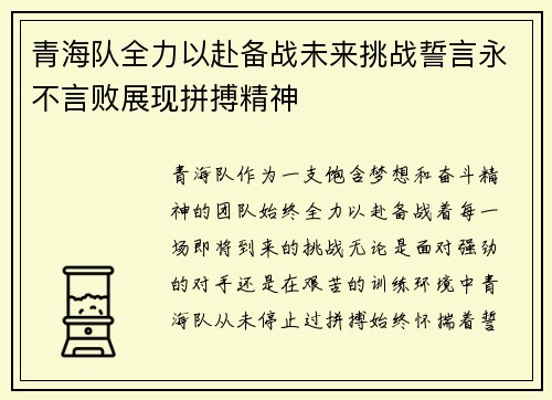 青海队全力以赴备战未来挑战誓言永不言败展现拼搏精神