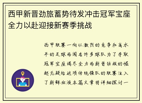 西甲新晋劲旅蓄势待发冲击冠军宝座全力以赴迎接新赛季挑战