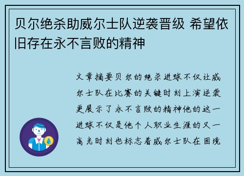 贝尔绝杀助威尔士队逆袭晋级 希望依旧存在永不言败的精神